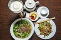 Traditional Vietnamese food with pho soup with meat and vegetable