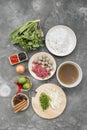 Traditional vietnamese noodle soups pho in bowls, concrete background. Vietnamese beef soup pho bo, Close-up. Asian/vietnamese Royalty Free Stock Photo