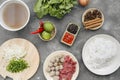 Traditional vietnamese noodle soups pho in bowls, concrete background. Vietnamese beef soup pho bo, Close-up. Asian/vietnamese Royalty Free Stock Photo