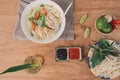 Traditional vietnamese noodle soups pho in bowls, concrete background. Vietnamese beef soup pho bo, Close-up. Asian/vietnamese Royalty Free Stock Photo