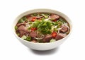 Traditional vietnamese pho bo soup with beef and noodles on white background.Macro.AI Generative