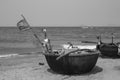 Traditional Vietnamese round fishing boats on the beach. Royalty Free Stock Photo