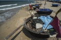 Traditional Vietnamese round fishing boats on the beach. Royalty Free Stock Photo