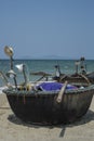 Traditional Vietnamese round fishing boats on the beach. Royalty Free Stock Photo