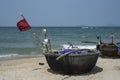 Traditional Vietnamese round fishing boats on the beach. Royalty Free Stock Photo