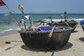 Traditional Vietnamese round fishing boats on the beach. Royalty Free Stock Photo