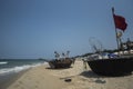 Traditional Vietnamese round fishing boats on the beach. Royalty Free Stock Photo