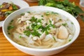 Traditional Vietnamese soup pho. Vietnamese cuisine soup Pho Ga with chicken, rice noodles, herbs in a bowl Royalty Free Stock Photo