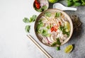 Traditional Vietnamese soup- pho ga in bowl with chicken and rice noodles, mint and cilantro, red onion, chili, bean sprouts and Royalty Free Stock Photo