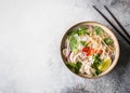 Traditional Vietnamese soup- pho ga in bowl with chicken and rice noodles, mint and cilantro, red onion, chili, bean sprouts and Royalty Free Stock Photo