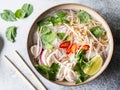 Traditional Vietnamese soup- pho ga in bowl with chicken and rice noodles, mint and cilantro, red onion, chili, bean sprouts and Royalty Free Stock Photo