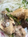 A traditional Vietnamese street food name is Banh Canh, noodle soup of recipe: chicken drumstick, pepper and onion