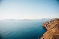 Traditional view of the island of Santorini with blue sea, islands Royalty Free Stock Photo