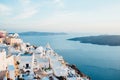 Traditional view of the island of Santorini at sunset with white and blue houses Royalty Free Stock Photo