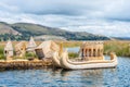 Traditional village on floating islands on lake Titicaca in Peru