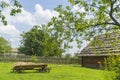 Traditional village house with blue sky, green grass, fence and trees. Ukraine. Royalty Free Stock Photo