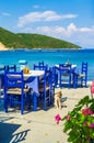 Blue tables at Frikes port Ithaca island Ionian Sea Greece Royalty Free Stock Photo