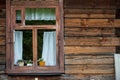 Traditional vintage old brown wooden frame window with curtains and flowers on wooden wall Royalty Free Stock Photo