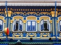 Traditional vintage Singapore house with a colorful decorative facade in the historical part of the city