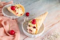 Traditional waffle cones with ice cream and cherry fruits on marble stone surface Royalty Free Stock Photo