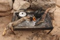 Traditional way of cooking Bedouin tea on an open fire Petra, Jo Royalty Free Stock Photo