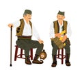 Traditional wear folklore Serbia old man sitting on chair with stick vector illustration isolated. Balkan culture