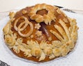 Traditional wedding cake with a picture of the yeast are two rin