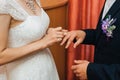 Traditional wedding ceremony of exchange of gold rings between the bride and groom Royalty Free Stock Photo