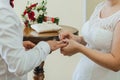 Traditional wedding ceremony of exchange of gold rings between the bride and groom Royalty Free Stock Photo