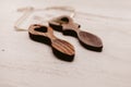 Traditional welsh wooden spoon in white background. Wooden love spoons from Wales.