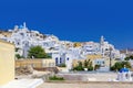 Traditional white architecture village on the center of Santorini island, Pyrgos Kallistis, Greece. Royalty Free Stock Photo