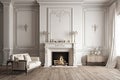 Traditional white beige decor with fireplace, wall panels, wooden floor. Mockup for an illustration Royalty Free Stock Photo