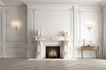 Traditional white beige decor with fireplace, wall panels, wooden floor. Mockup for an illustration Royalty Free Stock Photo