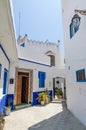 Traditional white and blue washed houses in side alley of historical Moroccan town Asilah, Morocco, North Africa