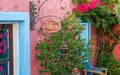 Traditional white house courtyard with garden and blooming colorful flowers. Royalty Free Stock Photo