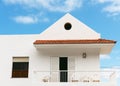 Traditional white house, villa with balcony in La Frontera, Tigaday of El Hierro Island. Facade detail, doors and windows.