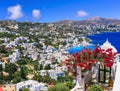 Traditional white houses,flowers and sea,Agia Marina village,Leros,Greece.