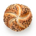 Traditional white kaiser roll with linseeds and sesame seeds isolated on white. Top view Royalty Free Stock Photo