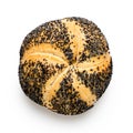 Traditional white kaiser roll with poppy seeds isolated on white. Top view