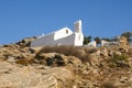 Traditional whitewashed Greek chapel on rocks Royalty Free Stock Photo