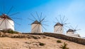 Traditional whitewashed windmills in Mykonos town, Greece. Royalty Free Stock Photo