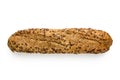 Traditional whole wheat baguette with linseeds and sesame seeds isolated on white. Top view