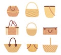 Traditional wicker baskets. Containers for storage and carrying products. Eating in nature. Handbags for outdoor picnic