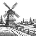 Traditional Windmill Engraved Illustration vector