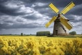 traditional windmill stands amidst a vibrant yellow flower field under a cloudy sky, exuding a serene, picturesque landscape, ai