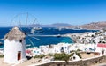 Traditional windmill on top of Mykonos Town, Cyclades, Greece Royalty Free Stock Photo