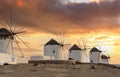 Traditional windmills, Mykonos island landmark at sunset, Cyclades Greece Royalty Free Stock Photo