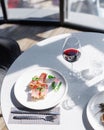 Traditional wine appetizers. white and red wine. restaurant serving. summer mood. shallow depth of field