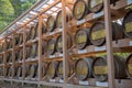 The traditional wine barrels wall.