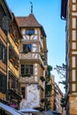 Traditional winstub restaurants in ornate half timbered houses Strasbourg France